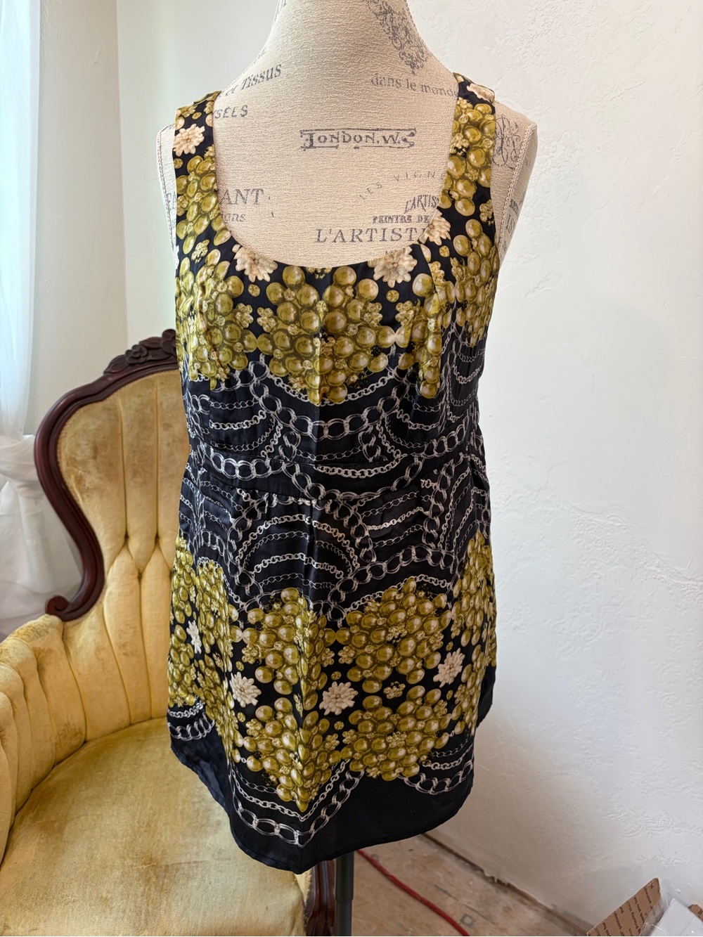 CAbi Black Tank with Olive Floral & Chain Motif